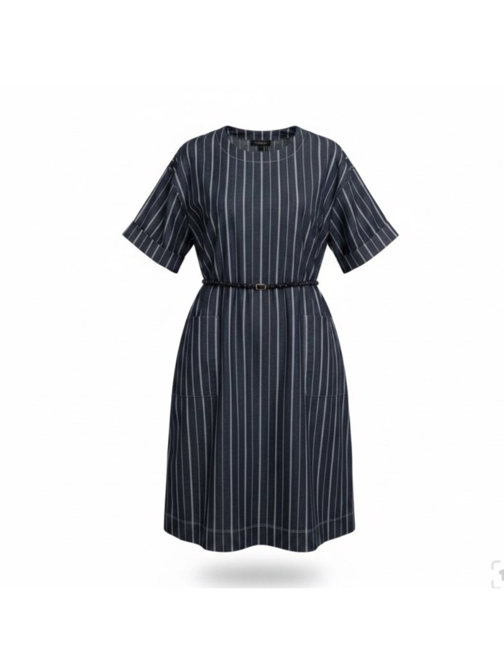 Donna Karan Womens Navy Cotton-Blend Stripe Belted Dress Size L